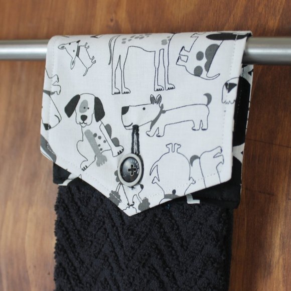 DOG NOVELTY PRINT BLACK & WHITE HANDMADE HANGING KITCHEN BLACK COTTON TOWEL - Picture 3 of 4